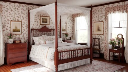 Fototapeta premium Vintage Inspired Bedroom with Cozy Four Poster Bed and Antique Furnishings