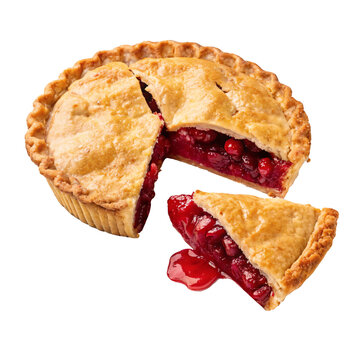 Freshly baked berry pie with golden crust, juicy red filling, and a slice cut out. Isolated on transparent background, food concept
