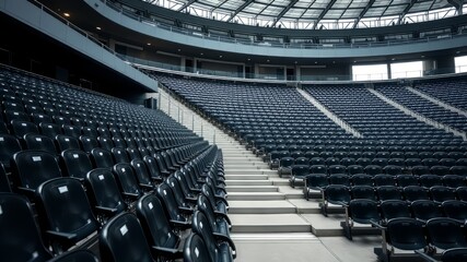 Fototapeta premium Empty Stadium Black Seats, Outdoor Arena, Fan Chairs, Vivid Colors, AI Photo