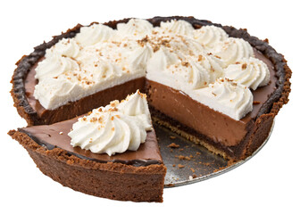 Chocolate cream pie topped with whipped cream swirls, sliced to reveal creamy filling, on a...