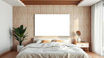 Empty White Poster Mockup Bedroom, Cozy Plant, Attractive Harmony, Bright Photo
