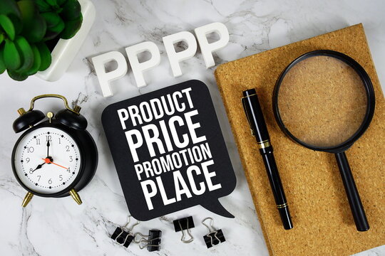 PPPP - Product Price Promotion Place acronym with alarm clock and magnifying glass, business concept background