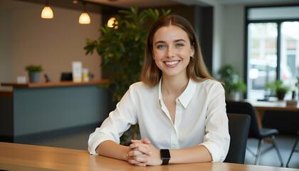 Professional Receptionist at a Modern Corporate Lobby Desk