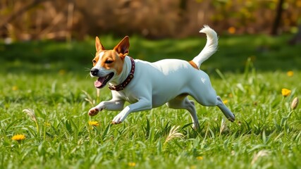 Fast Jack Russell Terrier Running Sideways Spring Meadow - AI Photo
