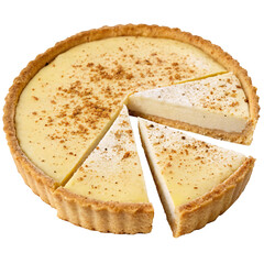 Creamy tart with a golden crust, dusted with spices, presented with slices removed, isolated on a transparent background, concept of dessert