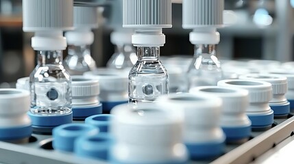 Close-up of laboratory glass containers on a rack, showcasing precision and cleanliness in scientific research environments.