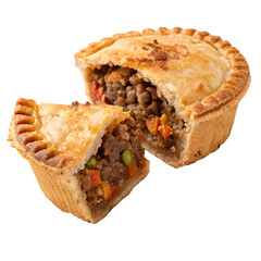 A savory meat pie with a slice cut to reveal minced meat, peas, and carrots filling, on a transparent background, concept of comfort food