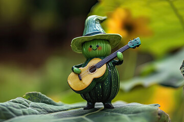 A zucchini holding a tiny guitar, strumming and singing, as a vegetable troubadour