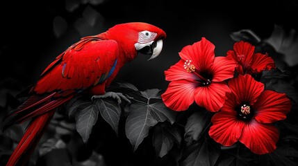 Fototapeta premium Scarlet Macaw and Hibiscus: A Vibrant Contrast