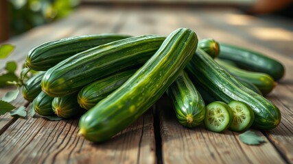 Fresh Cucumbers on Wooden Table - High-Resolution AI Photo