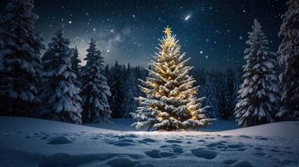 Obraz premium christmas tree in snow at night with shiny