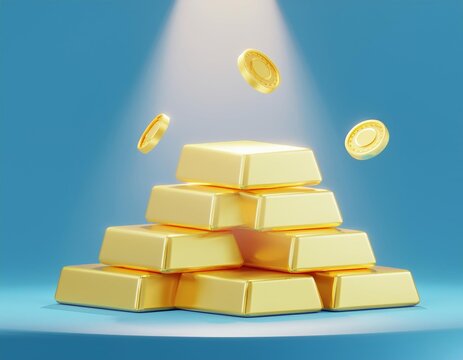 3D illustration Golden coins fall onto a pyramid of gold bars