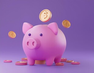 3D pink piggy bank sits surrounded by coins with more coins playfully falling towards it
