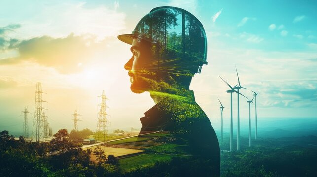 Double exposure graphic of business people working over wind turbine farm and green renewable energy worker interface. Concept of sustainability development by alternative energy. uds