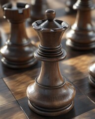 A close-up of a wooden chess king piece on a chessboard.