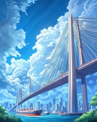 Fototapeta premium A vibrant bridge spans a river, with a city skyline and clouds above.