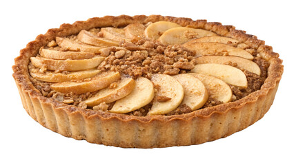 Apple crumble pie with golden crust, juicy apple slices, and crumbly topping, presented on a transparent background. Concept of homemade desserts