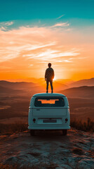 car in the sunset with a man stands on a car roof, new year 