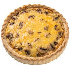 Delicious mushroom and cheese quiche with golden crust, baked texture, transparent background. Concept of savory pie, comfort food