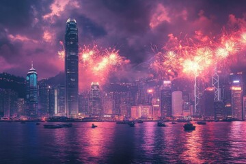 Obraz premium A vibrant cityscape of Hong Kong with fireworks lighting the sky.