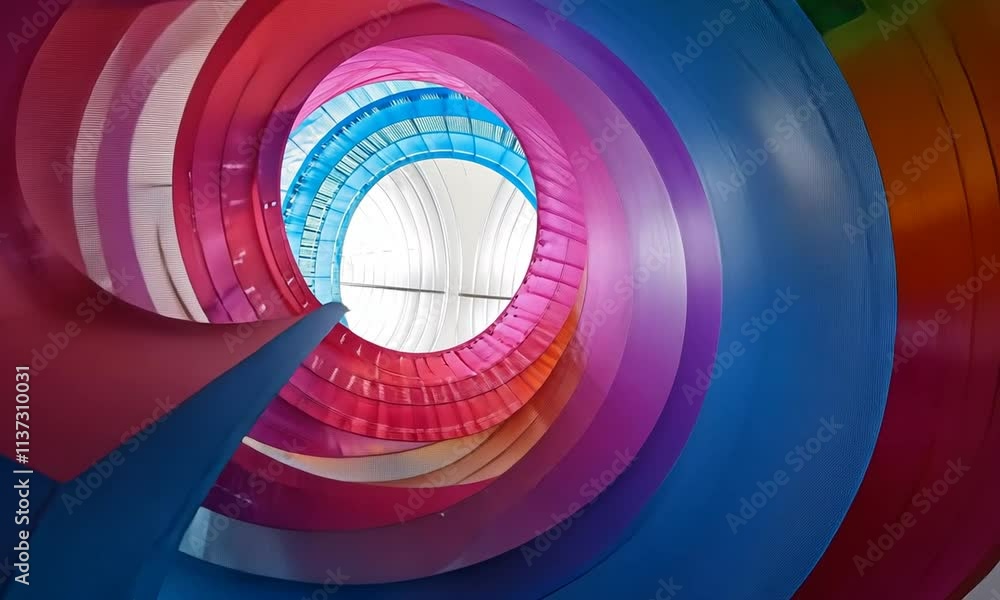 Poster a vibrant spiral sculpture made of colorful mesh, creating a dynamic visual experience.