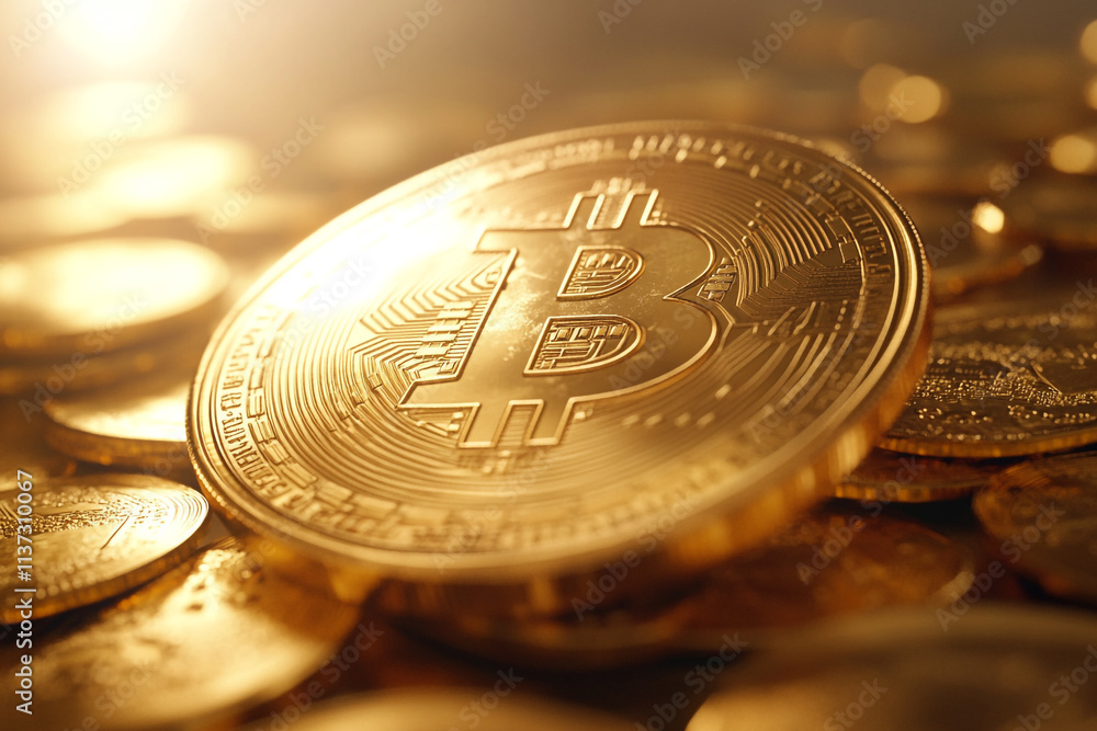 Poster bitcoin coins stacked together with soft lighting creating a shiny gold effect