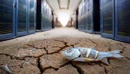 Server Room Drought: A stark reminder of the environmental impact of technology. A dead fish lies on cracked, dusty ground, symbolizing the depletion of resources in a server room.