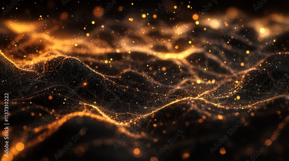 Poster intricate lines and dots creating a glowing abstract network on a dark background, symbolizing conne