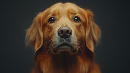 Golden retriever closeup in welllit studio with serene expression