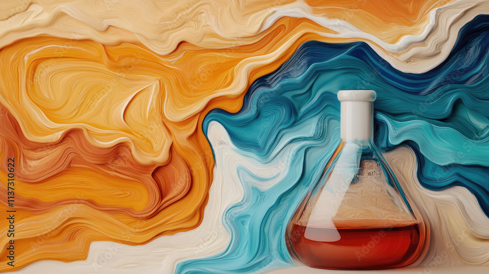 Aufkleber dynamic abstract painting blending chemistry flasks with rich colors and textures in a captivating b
