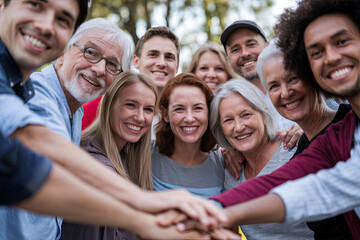Diverse group of people of all ages and backgrounds smiling together, symbolizing unity