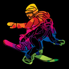 Group of Extreme Sport Players Snowboard Players Mix Action Cartoon Graphic Vector