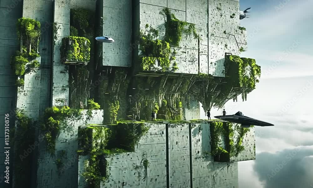 Poster a futuristic landscape featuring a massive structure overgrown with greenery, hovering above clouds.