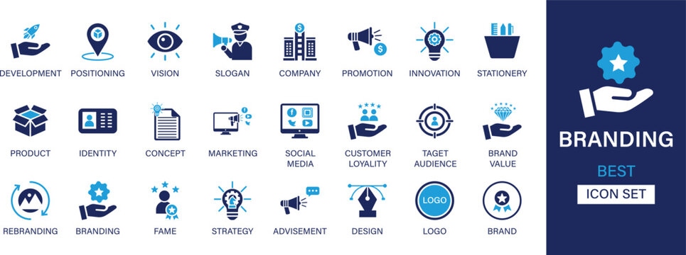Branding icon set collection. Development, positioning, vision, slogan, company, promotion, innovation, stationery, product, identity and  best solid icon set. 
