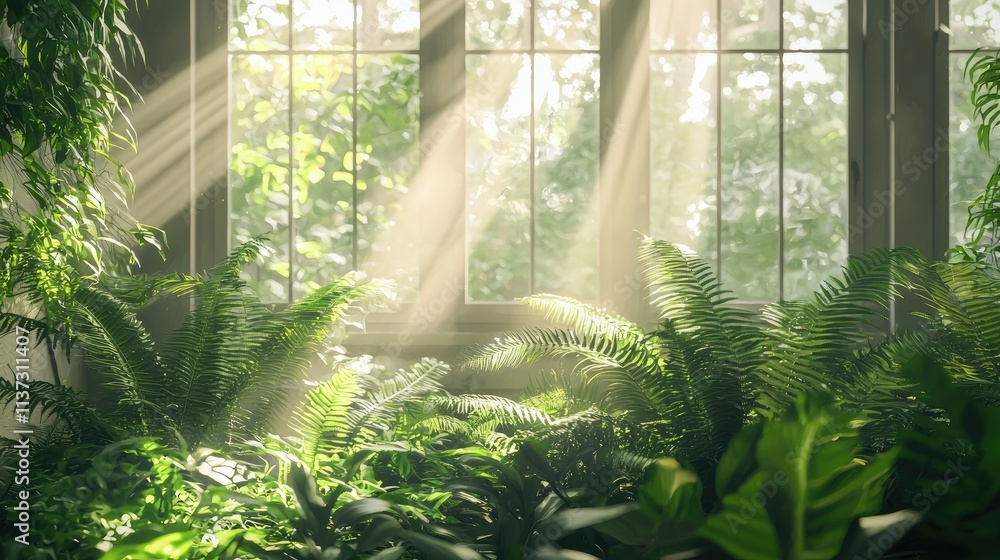 Poster a tranquil home setting surrounded by vibrant greenery and ferns, with sunlight streaming through. p