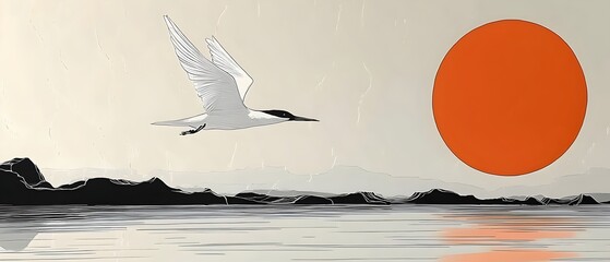 A solitary white bird glides gracefully over calm waters as a vibrant orange sun sets on the horizon, creating a peaceful and serene atmosphere.