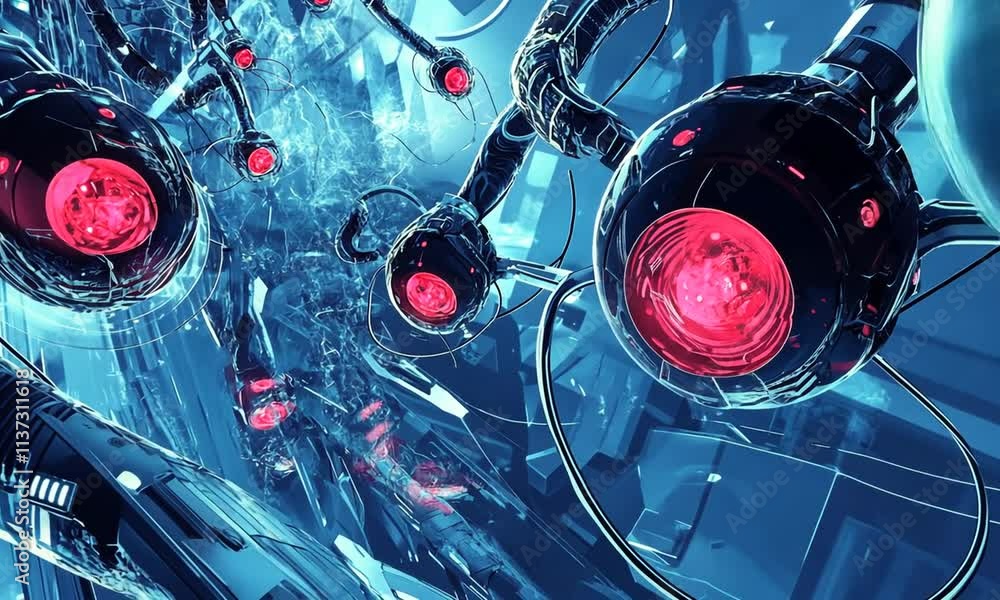 Poster abstract representation of futuristic technology with glowing orbs and intricate connections.