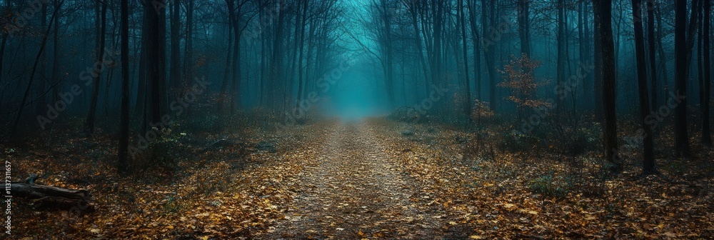 Poster a misty forest path with fallen leaves, creating a mysterious and tranquil atmosphere.