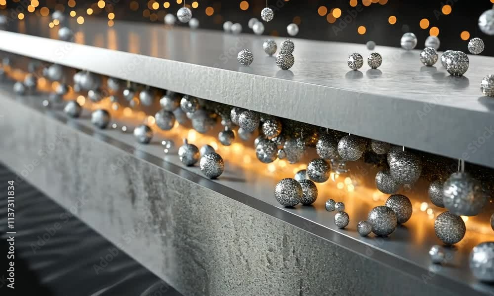 Poster a stylized representation of particles interacting with a metallic surface, illuminated from below.