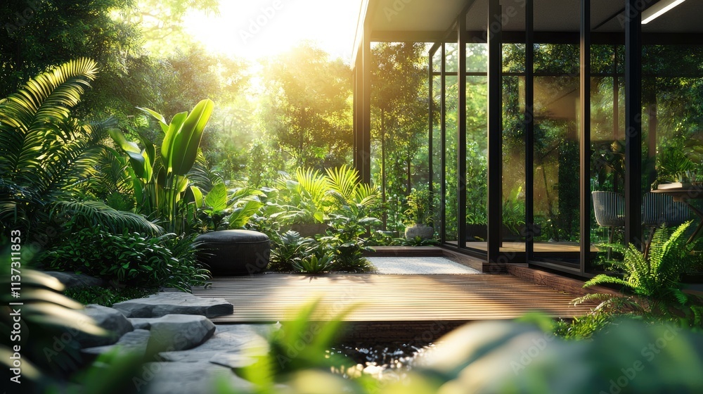 Poster a tranquil home setting surrounded by vibrant greenery and ferns, with sunlight streaming through. p
