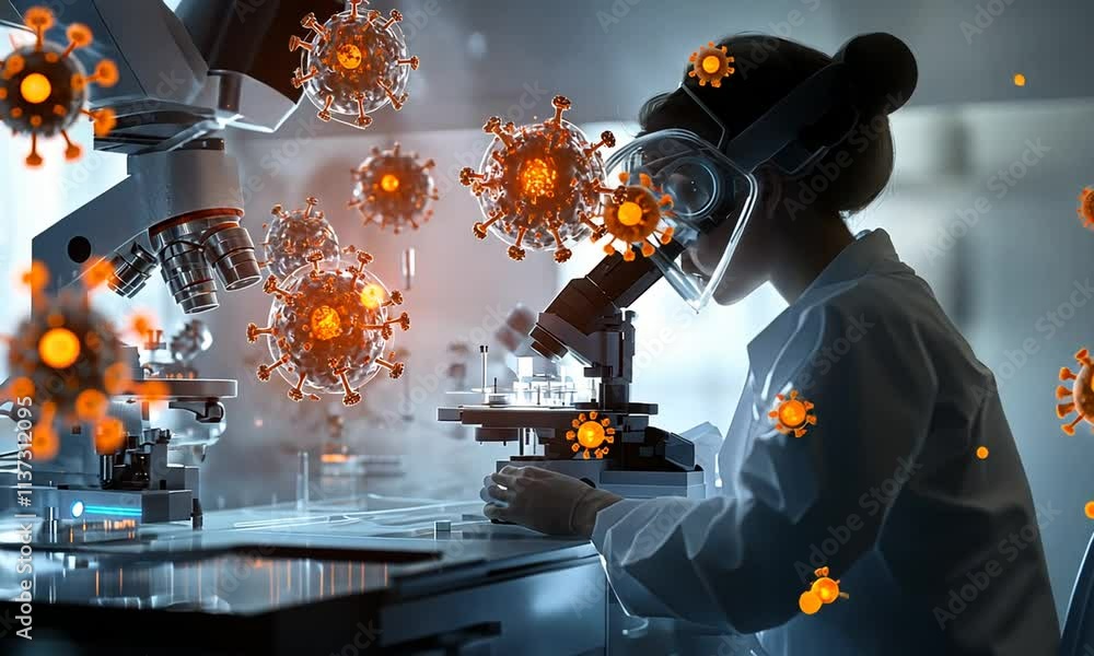 Aufkleber a scientist examines viruses under a microscope in a high-tech laboratory setting.