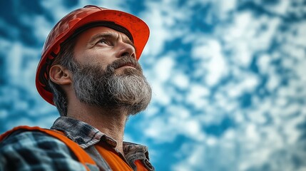 Bearded construction worker wearing an orange safety helmet and reflective vest, looking up against a background of a cloudy blue sky