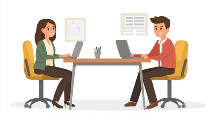 Fototapeta premium Illustration of two professionals, a man and a woman, sitting at an office desk with laptops, discussing work tasks in a business environment
