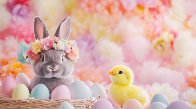Easter bunny with a floral crown and yellow chick next to a basket of pastel eggs on a green background, evoking springtime innocence and joy. - Powered by Adobe