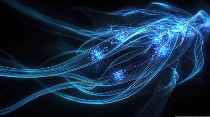 Obraz premium This abstract image features glowing blue lines and nodes against a dark background, symbolizing technology, connectivity, and digital communication in a modern context.