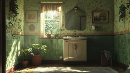 Sunlit vintage bathroom with green tiles, plants, and antique sink. Perfect for nostalgic, calm, and serene home decor projects.
