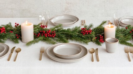 Christmas-themed table setting with glowing candles, red berries, and evergreen branches on a white background, perfect for festive celebrations.