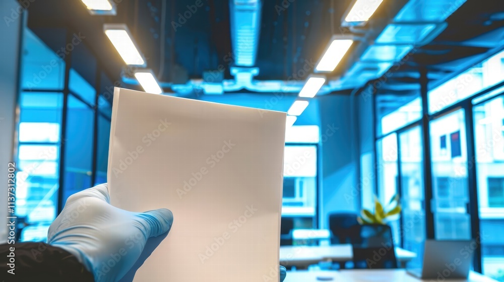 Poster empty document held in modern office setting