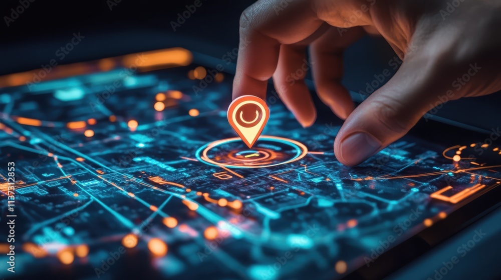 Poster technology smart navigation and location tracking with professional hand interacting with futuristic
