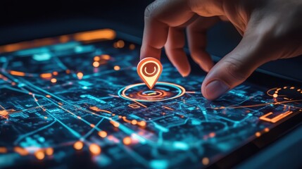 Naklejka premium Technology smart navigation and location tracking with professional hand interacting with futuristic GPS map interface locations of services, delivery, travel app, logistics and transportation